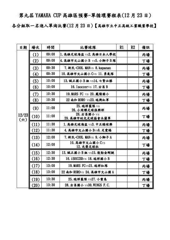 ▲2017 YAMAHA CUP高雄區預賽賽程表。（圖／台灣電通提供）