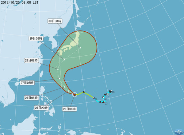 颱風蘇拉今、明兩天預計往西北移行至琉球東方近海。（圖／翻攝自中央氣象局）