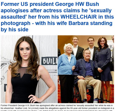 ▲海瑟․林德指控，坐在輪椅上的前總統老布希從後面摸她屁股！(圖／翻攝自每日郵報)