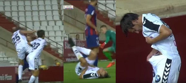 ▲▼ 西班牙阿爾巴塞特足球隊（Albacete）的阿根廷籍後衛球星Mariano Bittolo，被隊友意外踢到下體、痛倒在地，陰莖還要被縫10針。。（圖／翻攝自Youtube）