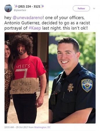 ▲▼美國警察扮裝嘲諷下跪抗議的NFL球員，被網友撻伐。（圖／翻攝自推特HeavySan）