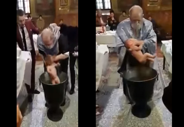 這種受洗方式真的會嚇壞眾人！近日一位羅馬尼亞一位神父的行徑嚇翻網友，影片中的他，要幫一位「嬰兒」受洗，但因為嬰兒不斷哭鬧，使他有點煩躁，進而將嬰兒壓入水中三次，草草結束。（圖／翻攝自YouTube）