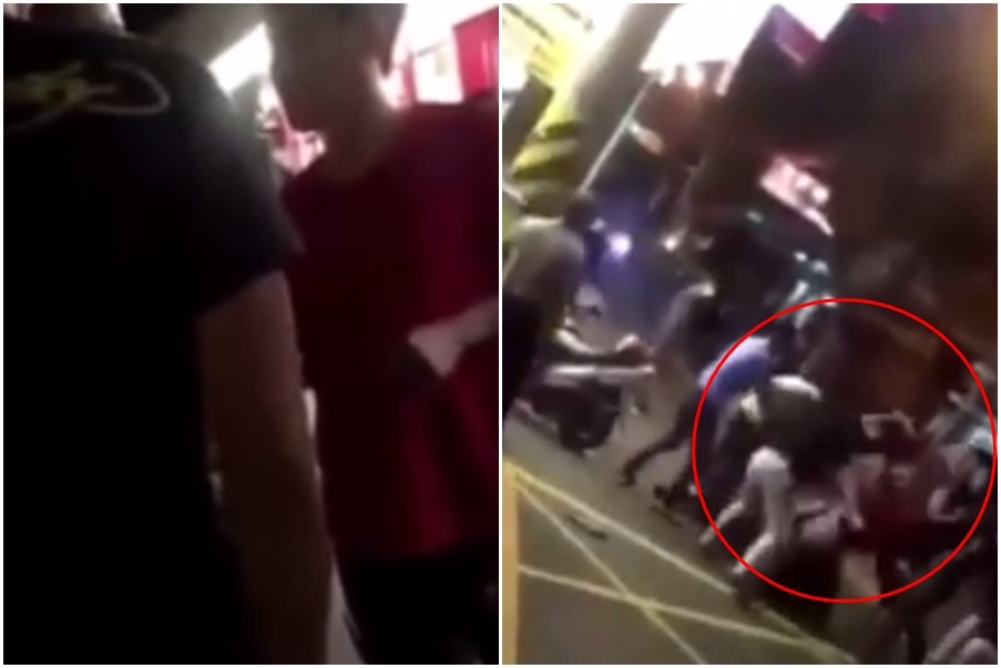 ▲少年撂10幾個人持棍棒圍毆，攻擊一名自助餐店員紅衣男。（圖／翻攝自黑色豪門企業臉書）