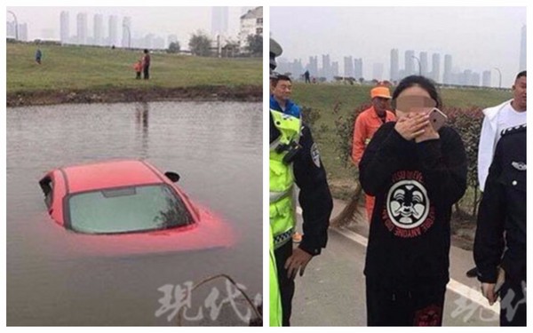 ▲▼南京一名女駕駛開著瑪莎拉蒂卻失神滑手機，不慎將車開入水塘。（圖／翻攝自現代快報）