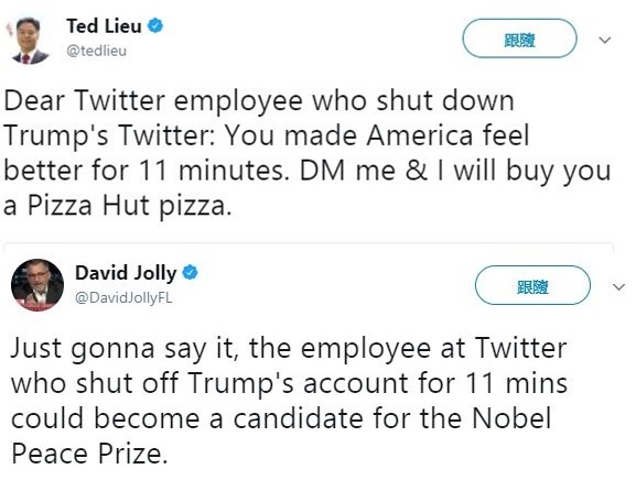 ▲▼川普推特遭停，美議員請吃披薩             。（圖／翻攝自TWITTER／Ted Lieu、David Jolly‏）