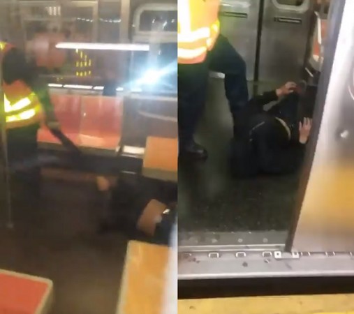 ▲▼美國一名乘客疑似睡過站，結果就被地鐵人員扯到地上拖行。（圖／翻攝自808bmg推特）