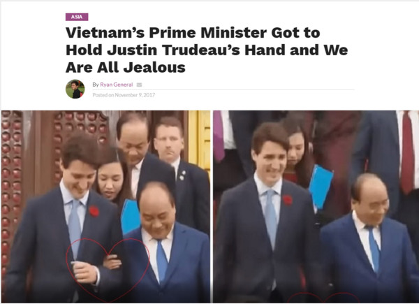 ▲▼加拿大總理杜魯多與越南總理牽手畫面被外媒畫上愛心。（圖／翻攝自NextShark網站）