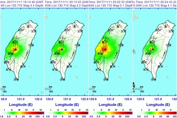 ▲▼1111南投、雲林連4地震。（圖／中央氣象局）