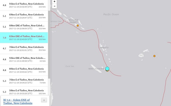 ▲▼新喀里多尼亞規模7.0強震。（圖／翻攝自USGS官網)