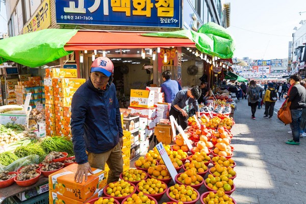 水原南門市場的新鮮柑橘，一盆裡有大有小。
