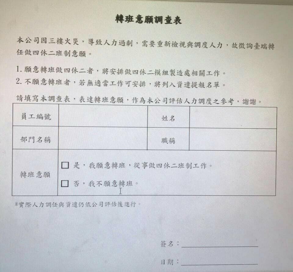 ▲昇陽光電員工爆料，剛上班就會被主管叫去會議室填「轉班意願調查」，如果員工不願意轉班，就有可能被列入資遣名單。（圖／翻攝自爆料公社）