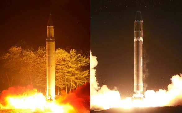 ▲▼北韓於7月試射2次「火星-14」型洲際彈道飛彈（左圖），又於11月試射「火星-15」型洲際彈道飛彈（右圖）。（組合圖／路透社、翻攝自北韓《勞動新聞》）