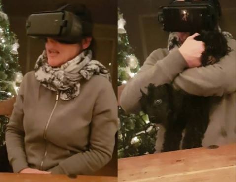 ▲玩VR嚇壞！媽緊抱小狗「摸頭求安慰」　女兒一看笑到岔氣。（圖／翻攝自LADbible粉絲專頁）