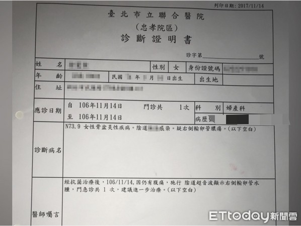 ▲▼在台北市擔任企劃工作的小菁，控訴和男友發生性行為時，因疼痛難忍喊停，男友卻未停，之後發現得了輸卵管膿瘍、卵巢囊腫，對男友提告性侵。律師胡原龍表示，即便是夫妻，一方喊停對方沒停都適用「違反意願性交」罪。小菁的例子牽涉到器官摘除，恐還有「過失重傷害罪」。（圖／當事人提供／記者楊佩琪翻攝）