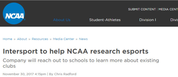 NCAA 宣布與 Intersport 合作，以了解大學電競整體現況。