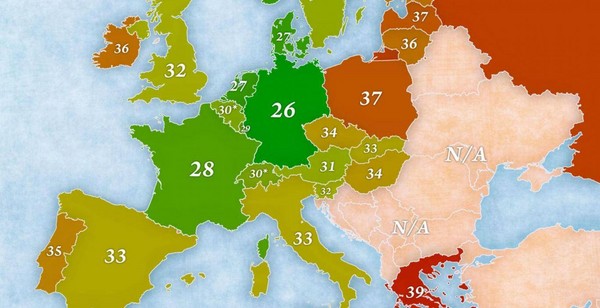 ▲▼歐洲工時地圖。（圖／翻攝自indy100）