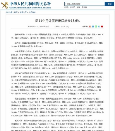 中國前11個月貿易出口正成長。（圖／翻攝中華人民共和國海關總署）