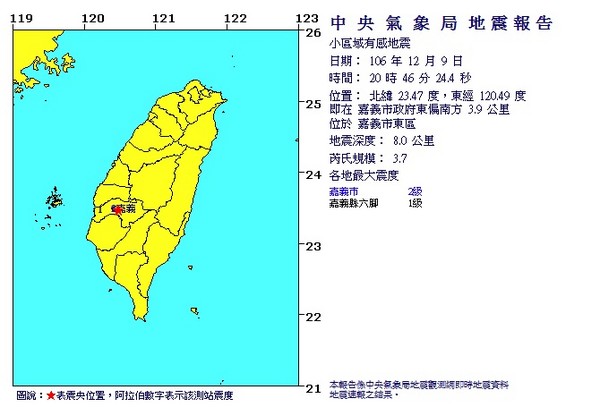 ▲▼嘉義晚間發生芮氏規模3.7地震。（圖／中央氣象局）