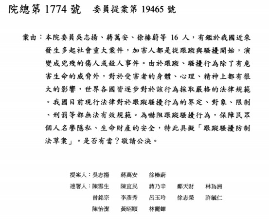 國民黨立委吳志揚等人去年7月提出「跟蹤騷擾防制法」草案，至今仍未實質審議過。