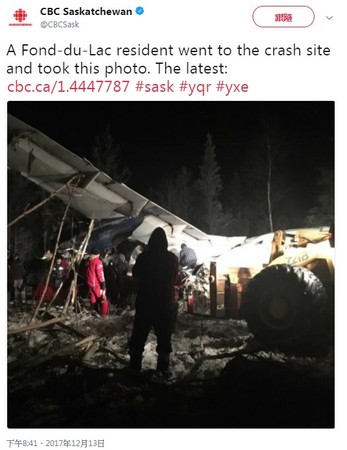 ▲▼加拿大發生墜機意外，機上25名人員全數生還。（圖／翻攝自CBC Saskatchewan推特）