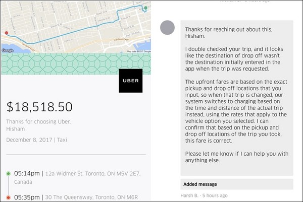 ▲男子搭Uber約20分鐘、8公里的車程，車資竟然是加拿大幣1萬8518.5元（約新台幣43萬元）。（圖／翻攝自@The_Hish推特）