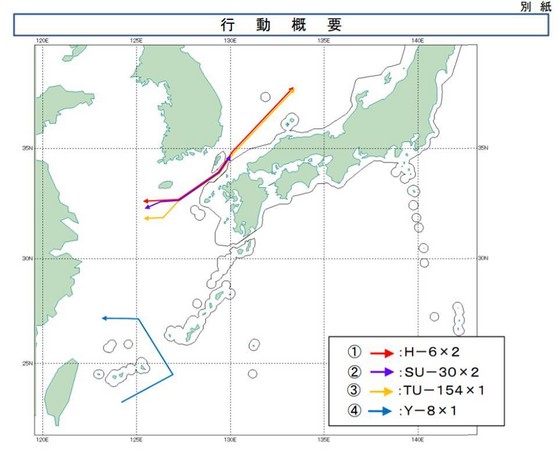 日本防衛省發布中國空軍18日兵分兩路的飛行路線，1架運-8電子偵察機飛越台灣東部海域外，另外5架飛越對馬海峽的戰機分別為2架H-6轟炸機、2架蘇-30戰機和1架TU-154偵察機。（圖／翻攝自日本防衛省）