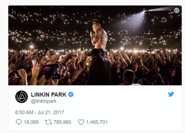▲搖滾樂團聯合公園（Linkin Park）主唱查斯特（Chester Bennington）自殺身亡。聯合公園官方推特帳號上傳一張查斯特演唱時的照片，獲得近80萬次轉貼。（圖／翻攝自LINKIN PARK推特）