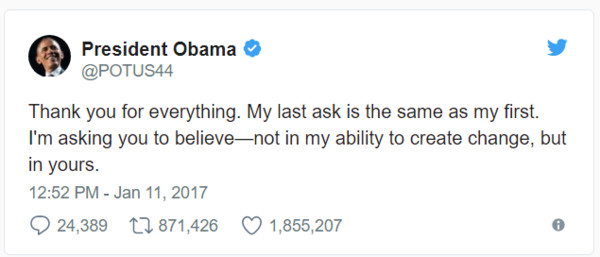 ▲歐巴馬貼文內容：由衷的感謝你們，我最後的請求和我對你們第一個請求是一樣的，我希望你們能懷抱信念，不是相信我擁有改變的能力，而是要相信你們每個人都有這樣的潛能。（圖／翻攝自Barack Obama 推特）