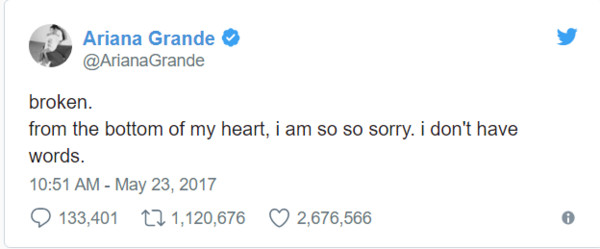 ▲歌手亞莉安娜在3月間於曼徹斯特舉辦演唱會時遇上恐怖攻擊，隨後發文表示，「我內心深處破碎了，對於這一切真的抱歉，我真的不知道還能夠說些什麼。」（圖／翻攝自Ariana Grande推特）