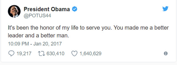 ▲「2017最多轉貼文章」的第8名貼文。歐巴馬發文表示，能夠為你們服務是我此生很大的榮幸，謝謝你們讓我成為一個更好的領導人，和一位更好的人。（圖／翻攝自Barack Obama推特）