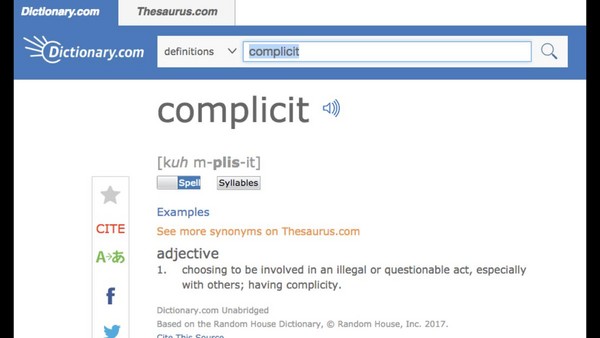 complicit被網站dictionary.com選為2017年的年度單字。（網路截圖）