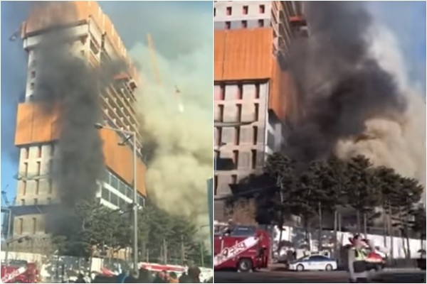 ▲▼南韓京畿道一處興建中的公寓公地發生大火，造成10名工人受傷送醫搶救。（圖／翻攝自「권성은」YouTube）