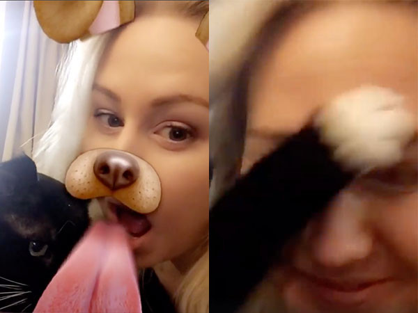 ▲正咩開特效「舔」黑喵，下一秒受喵拳伺候。（圖／翻攝自影片／Instagram／katharina_lie）