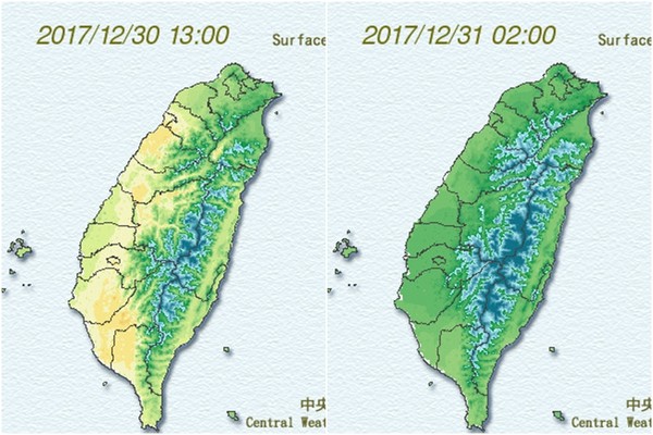 ▲▼「乾髒冷氣團」報到秒變天！北台直線降溫　跨年夜最凍剩13度。（圖／中央氣象局）