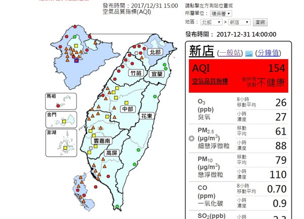 ▲▼霧霾大軍陪跨年！西半部整片灰濛下午全面淪陷　彭啟明：能躲就躲吧（圖／取自環保署空品網，下同）