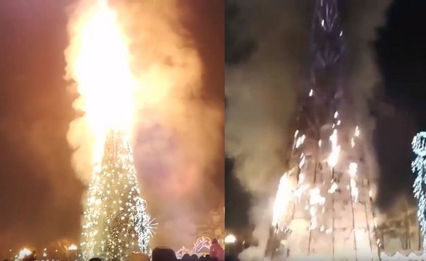 ▲▼ 俄羅斯庫頁島南薩哈林斯克市（Yuzhno-Sakhalinsk）跨年夜傳出火警，25公尺高聖誕樹被燒到只剩下金屬框。（圖／翻攝自Youtube）