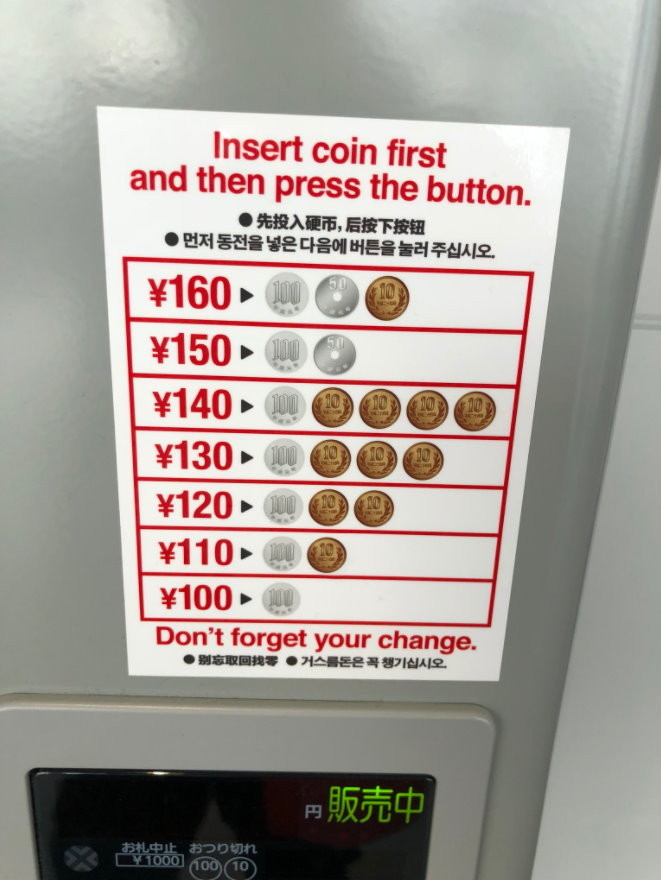 日販賣機「硬幣對照表」。（圖／翻攝「@mdfujita」推特）
