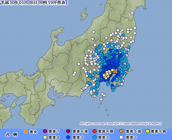 ▲日本東京深夜地震　池袋、涉谷震度4。（圖／翻攝自日本氣象廳）