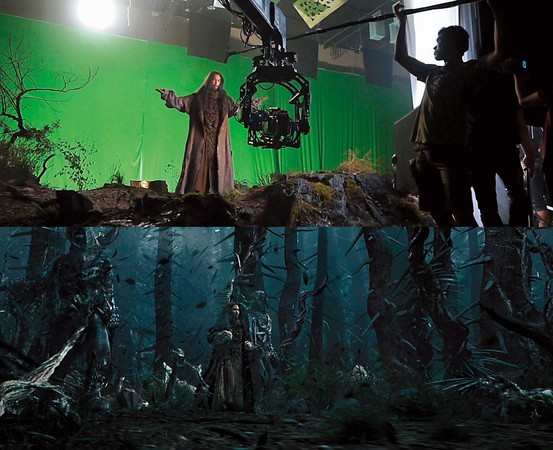 演員李政宰先在綠幕前演戲（上圖）， 再用電腦打造出更自然的背景與 更立體的空間感（下圖）。