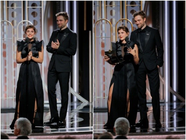 2018第75屆金球獎艾瑪華森（Emma Watson）和羅伯派汀森（Robert Pattinson）。（圖／翻攝自推特）