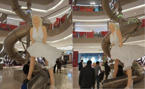 ▲▼江蘇蘇州某購物中心的大型溜滑梯、瑪麗蓮夢露雕像。（圖／翻攝自現代快報）