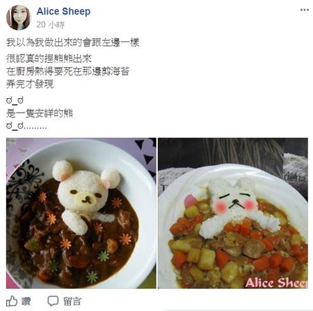▲▼ 女網友看到網路照片之後，決定自己下廚製作熊熊咖哩飯，沒想到成品的熊是一隻「安詳熊」。 （圖／翻攝自爆廢公社）