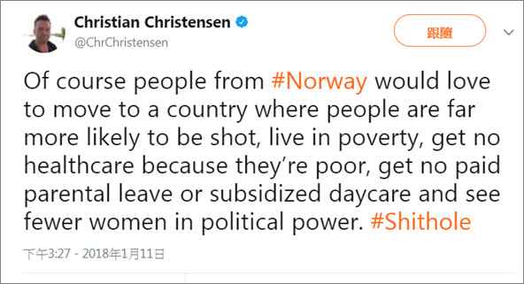 ▲ 瑞典大學美籍教授克利斯坦森（Christian Christensen）針對川普邀請挪威人移民，發佈推文嘲諷。（圖／翻攝自Christian Christensen‏推特）