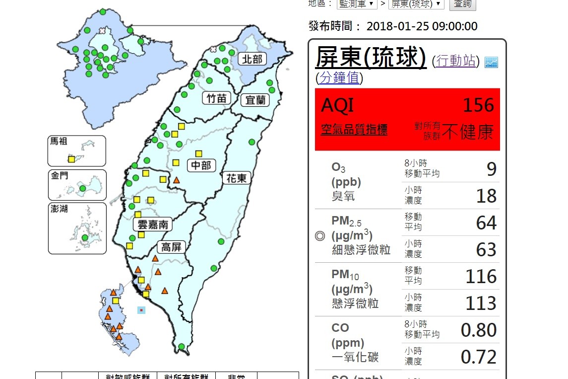 ▲▼ 東北季風減弱擴散不佳！　高屏空品今天仍現「紅害」、雲嘉南亮橘燈（圖／取自環保署空品網，下同）