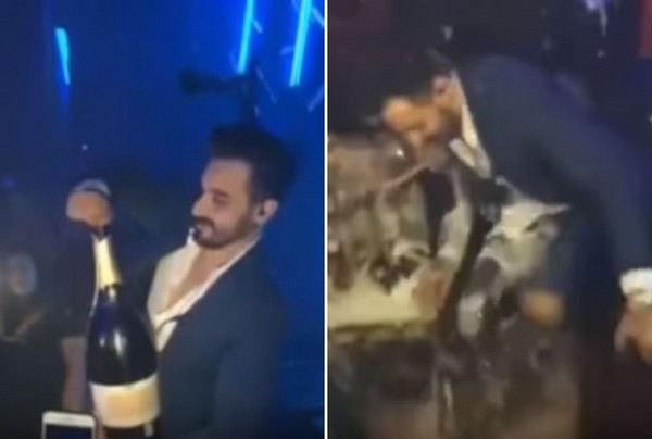 型男開香檳手滑，百萬香檳瞬間灑滿地。（圖／翻攝自Ibiza Club News粉專）