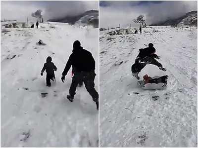 絕對親生的！神反應老爸「秒抓兩兒」閃雪橇　網：比拍電影還猛