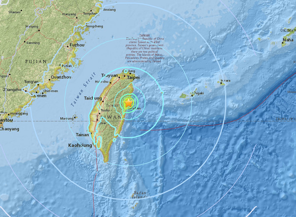 ▲▼台灣東部2/4晚間21時56分地震，美國測得規模6.1。（圖／翻攝自USGS）