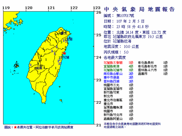 ▲▼花蓮4日晚間發生連續地震後，5日深夜又出現規模5地震 。（圖／氣象局提供）