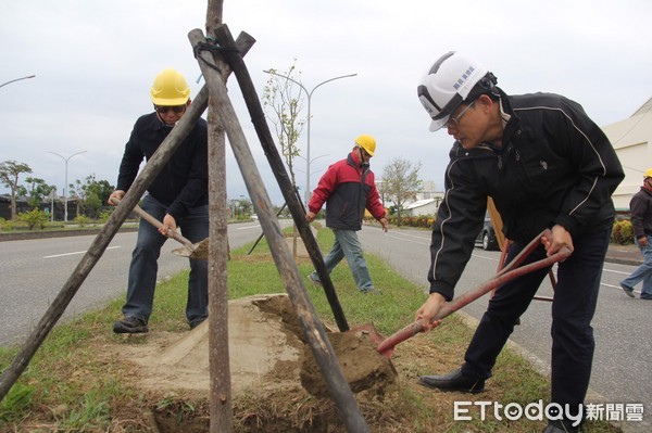 台東縣政府爭取花東基金經費，啟動辦理台東縣尼伯特風災後續復原重建總體規劃專案：固碳造林─復原重建計畫，預計今年包括行道樹等將大面積種植40萬棵樹，縣長黃健庭前往馬亨亨大道視察栽種情形，並親手種植一株樟原。（圖／台東縣政府提供）