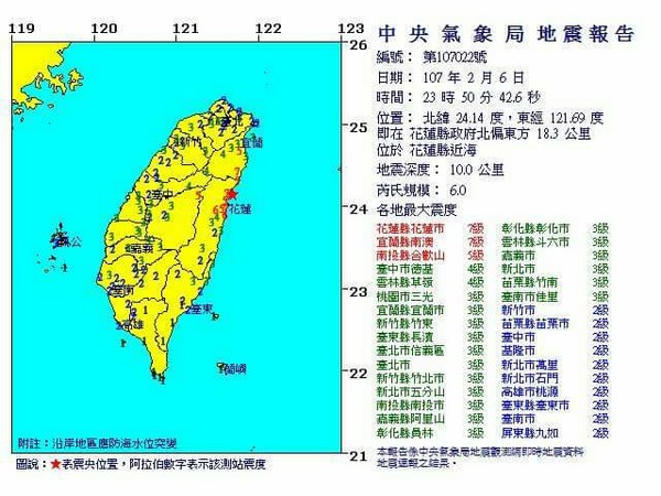 ▲▼花蓮發生芮氏規模6.0淺層強震。（圖／中央氣象局）